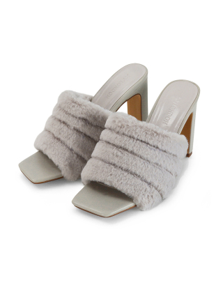 Hunter Fluffy Faux Fur Front Strap Square Toe High Slim Block Heel Mules in Grey
