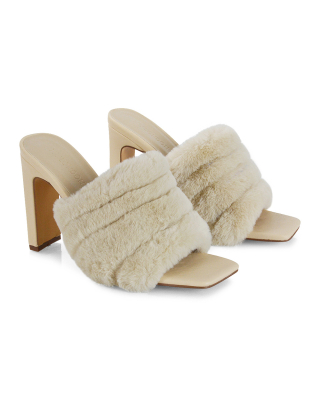 Hunter Fluffy Faux Fur Front Strap Square Toe High Slim Block Heel Mules in Nude