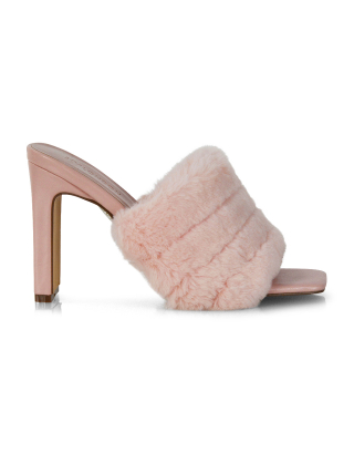 Hunter Fluffy Faux Fur Front Strap Square Toe High Slim Block Heel Mules in Pink