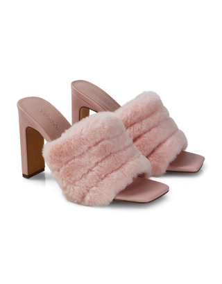 Hunter Fluffy Faux Fur Front Strap Square Toe High Slim Block Heel Mules in Pink