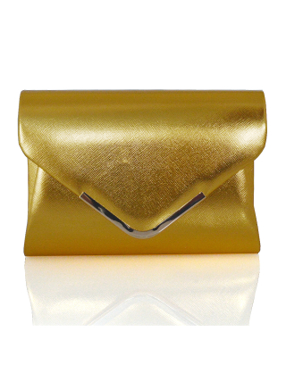 BELLA ENVELOPE DETACHABLE CHAIN STRAP EVENING CLUTCH BAG IN GOLD METALLIC