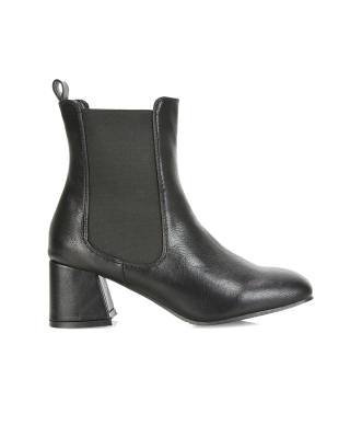 Anabella Square Toe Slip on Elasticated Mid-Block Heel Chelsea Ankle Boots in Black PU
