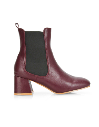 Anabella Square Toe Slip on Elasticated Mid-Block Heel Chelsea Ankle Boots in Burgandy