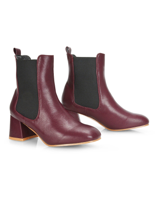 Anabella Square Toe Slip on Elasticated Mid-Block Heel Chelsea Ankle Boots in Burgandy