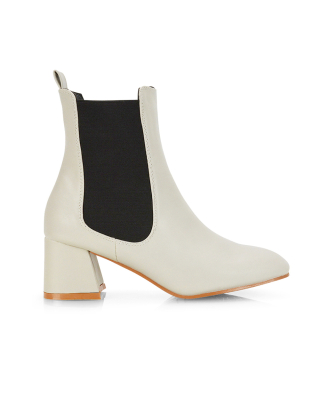 Anabella Square Toe Slip on Elasticated Mid-Block Heel Chelsea Ankle Boots in Stone