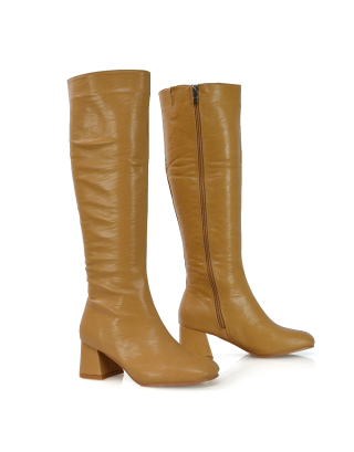 Kaia Flared Block High Heel Below The Knee High Boots With Heel in Nude Synthetic Leather