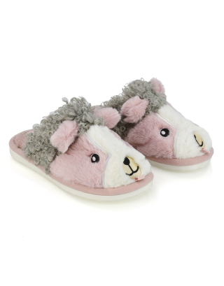Dinah Faux Fur Fluffy Animal Design Cosy Close Toe Flat Mule Slippers in Pink