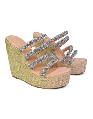 Nalini Diamante Strappy Platform Sandal Wedge Heels in Silver 