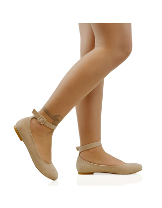 KIMMIE BALLERINA LOW BLOCK HIGH HEEL BUCKLE STRAPPY PUMP FLAT SHOES in Nude Faux Suede