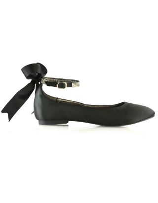 Penelope Bow Detail Diamante Strappy Bridal Wedding Flat Ballerina Bridal Shoes in Black Satin