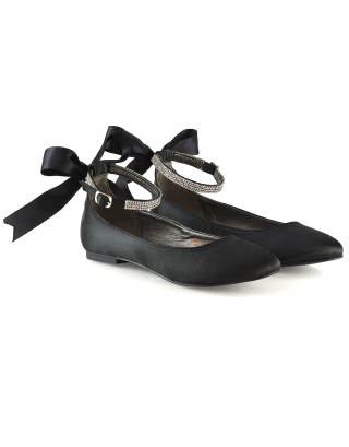 Penelope Bow Detail Diamante Strappy Bridal Wedding Flat Ballerina Bridal Shoes in Black Satin