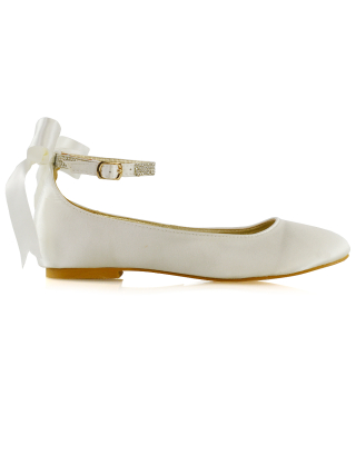 Penelope Bow Detail Diamante Strappy Bridal Wedding Flat Ballerina Bridal Shoes in Ivory Satin