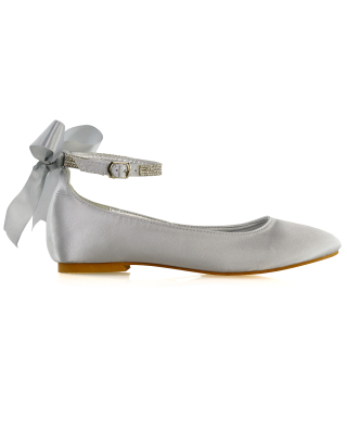 Penelope Bow Detail Diamante Strappy Bridal Wedding Flat Ballerina Bridal Shoes in Silver Satin