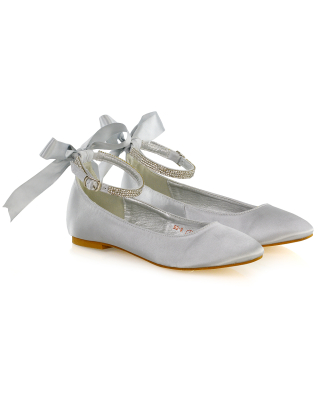 Penelope Bow Detail Diamante Strappy Bridal Wedding Flat Ballerina Bridal Shoes in Silver Satin