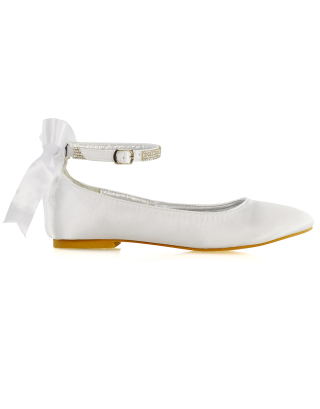 Penelope Bow Detail Diamante Strappy Bridal Wedding Flat Shoes in White Satin