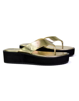 Tammi Strappy Slip On Thong Strap Flatform Flip Flop Flat Sandals Slides in Gold