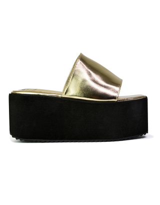 Kaiya Square Toe Slip on Flatform Sandal Slides in Gold 3