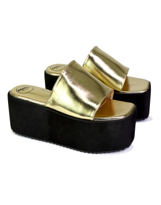 Kaiya Square Toe Slip on Flatform Sandal Slides in Gold 3