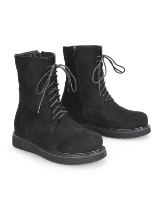 Lizzo Flat Chunky Sole Platform Zip-Up Flatform Lace up Ankle Biker Boots in Black Faux Suede