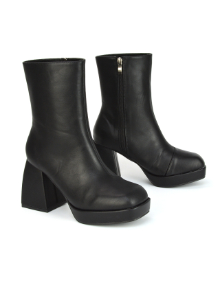 Black Platform Boots, Black Boots, Black Flared Heel Boots, Black Ankle Boots