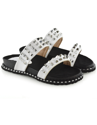 Hattie Slip On Double Strap Flat Summer Sandals Slides With Studs In White