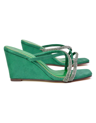Kinsley Slip on Heeled Mules Diamante Strappy Square Toe Sandal Wedge Heel in Green