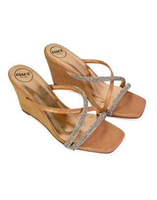 Kinsley Slip on Heeled Mules Diamante Strappy Square Toe Sandal Wedge Heel in Rose Gold