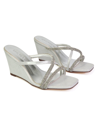 Kinsley Slip on Heeled Mules Diamante Strappy Square Toe Sandal Wedge Heel in Silver