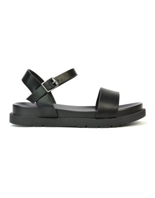 Grace Flatform Ankle Buckle Strappy Flat Summer Sandals in Black Synthetic Leather