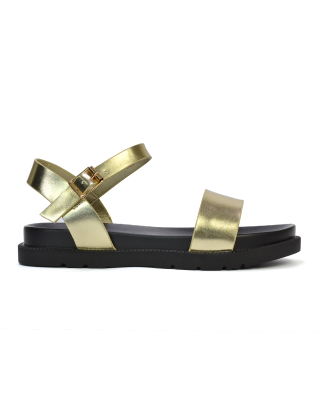 Grace Flatform Ankle Buckle Strappy Flat Summer Sandals in Gold Metallic