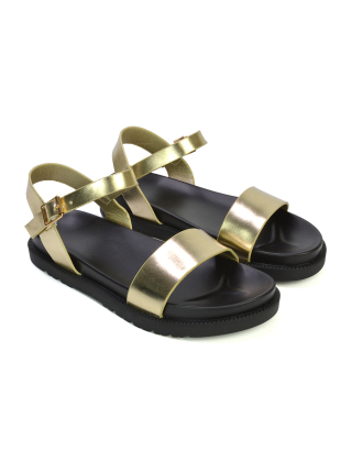 Grace Flatform Ankle Buckle Strappy Flat Summer Sandals in Gold Metallic