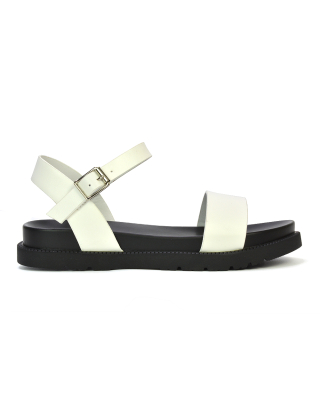 Grace Flatform Ankle Buckle Strappy Flat Summer Sandals in White Synthetic Leather