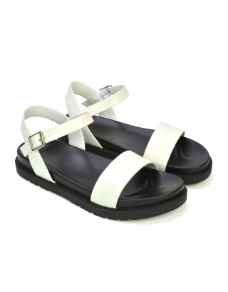 Grace Flatform Ankle Buckle Strappy Flat Summer Sandals in White Synthetic Leather