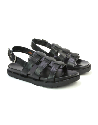 Gayna Strappy Slingback Flatform Casual Summer Chunky Sandals in Black