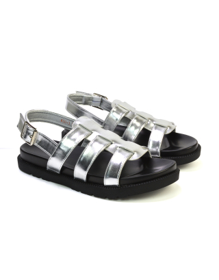 Gayna Strappy Slingback Flatform Casual Summer Chunky Sandals in Silver