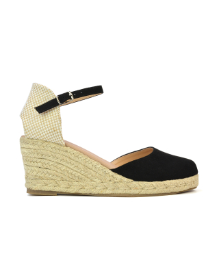Rocky Closed Toe Strappy Espadrille Sandal Wedge Mid Heels in Black