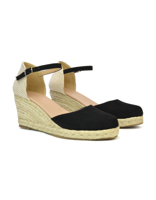 Rocky Closed Toe Strappy Espadrille Sandal Wedge Mid Heels in Black