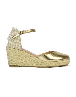 Rocky Closed Toe Strappy Espadrille Sandal Wedge Mid Heels in Gold 