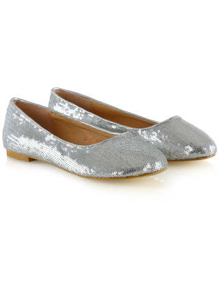 MARLEY FLAT SPARKLY SLIP ON BRIDAL WEDDING BALLERINA PUMP SHOES IN SILVER SEQUIN