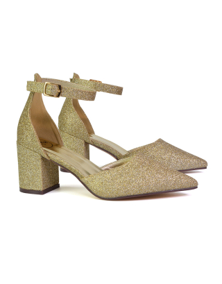 gold mid block heels