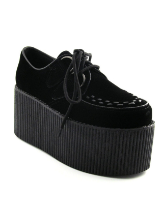 VICKY HIGH FLATFORM WEDGE HIGH HEEL TRIPLE CREEPER SHOES IN BLACK FAUX SUEDE