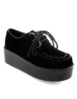 SAMMIE CHUNKY FLATFORM WEDGE HEEL LACE UP DOUBLE CREEPERS IN BLACK FAUX SUEDE