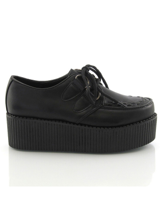 SAMMIE CHUNKY FLATFORM WEDGE HEEL LACE UP DOUBLE CREEPERS IN BLACK SYNTHETIC LEATHER