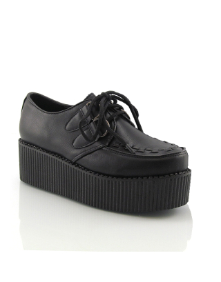 SAMMIE CHUNKY FLATFORM WEDGE HEEL LACE UP DOUBLE CREEPERS IN BLACK SYNTHETIC LEATHER