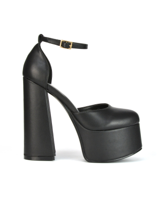 black synthetic leather heels