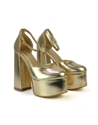 Rae Super High Chunky Platform Heels In Gold Metallic