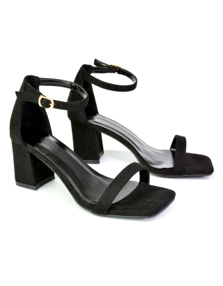 Antigoni Basic Strappy Low Mid Block Heel Square Toe Sandals in Black
