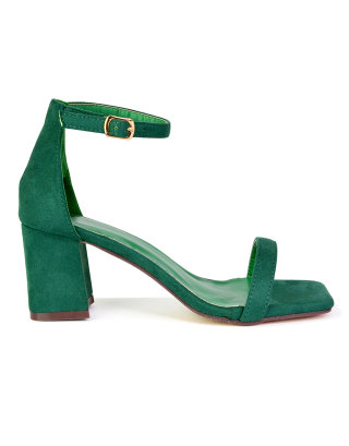 green mid block heel sandals