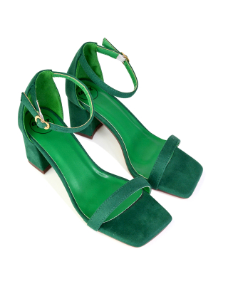 green mid block heel sandals