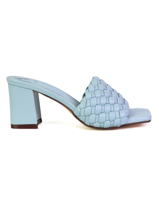 blue mid block heel sandals